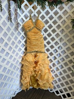 Alyce Designs Goldenrod Beaded Mermaid Prom Dress Size 6 Ruffle Formal Gown